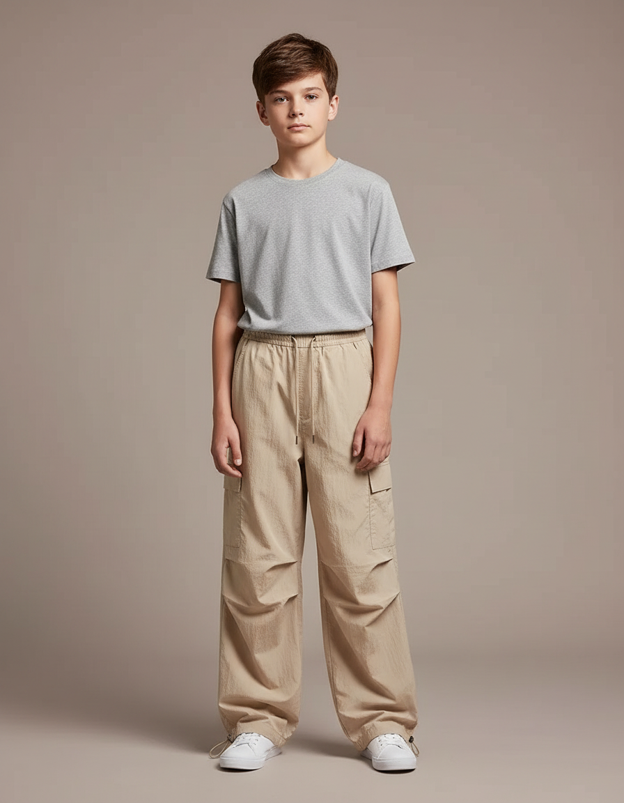 Pantalon Parachute Beige Ample Cargo Enfant - Polyester
