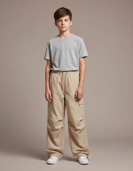 Pantalon Parachute Beige Ample Cargo Enfant - Polyester