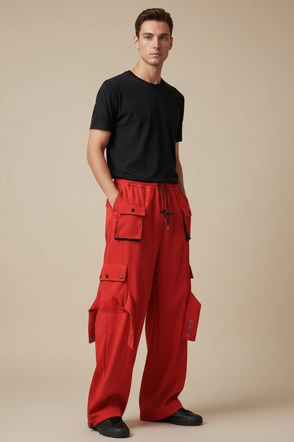 Pantalon Parachute Rouge Ample Cargo Streetwear Homme - Toile