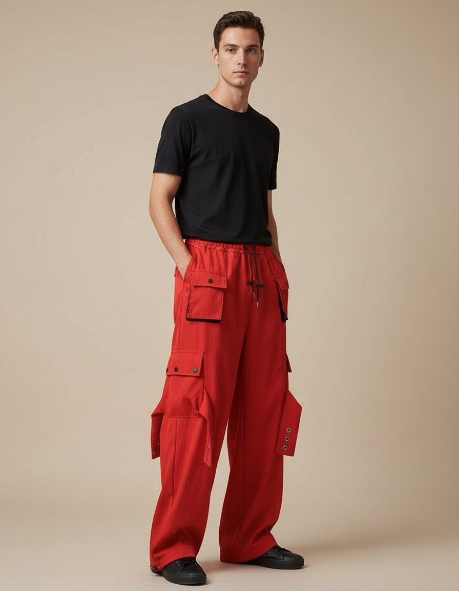 Pantalon Parachute Rouge Ample Cargo Streetwear Homme - Toile