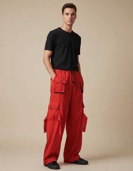 Pantalon Parachute Rouge Ample Cargo Streetwear Homme - Toile