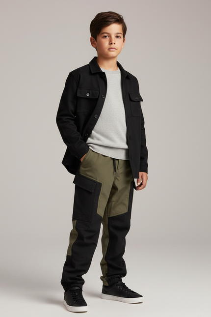 Pantalon Parachute Bicolore Ample Décontracté Enfant Kaki Noir - Multicolore Toile
