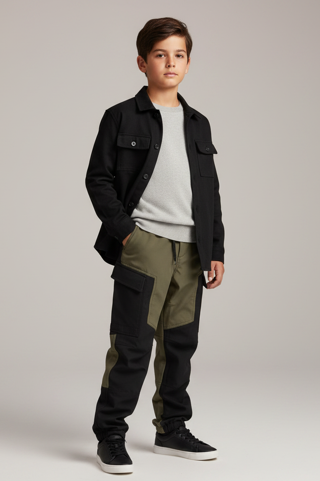 Pantalon Parachute Bicolore Ample Décontracté Enfant Kaki Noir - Multicolore Toile