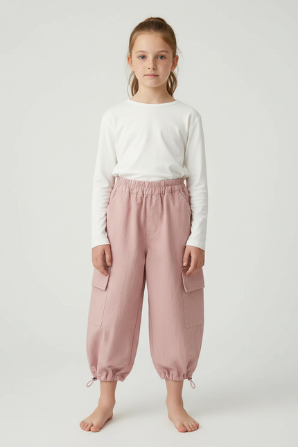 Pantalon Parachute Rose Cargo Coton Ample Fille