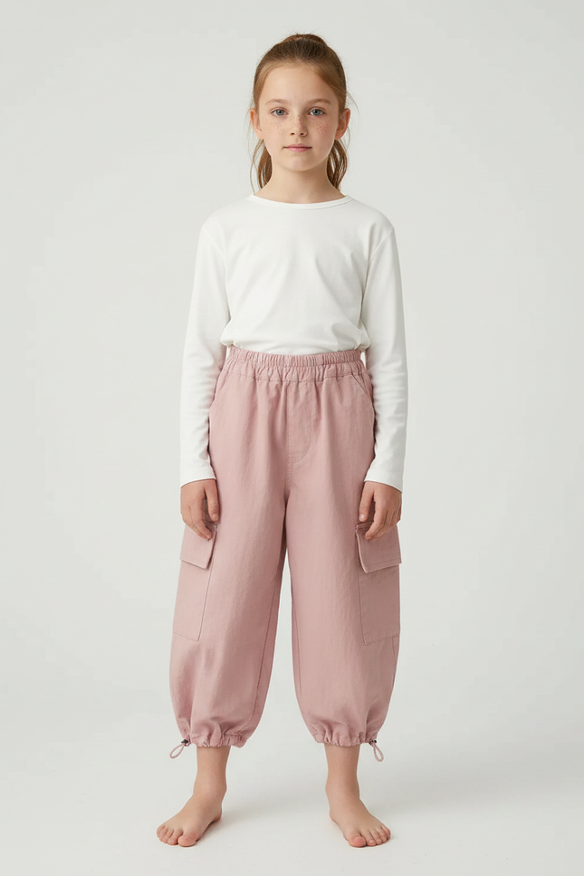 Pantalon Parachute Rose Cargo Coton Ample Fille