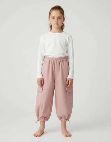 Pantalon Parachute Rose Cargo Coton Ample Fille