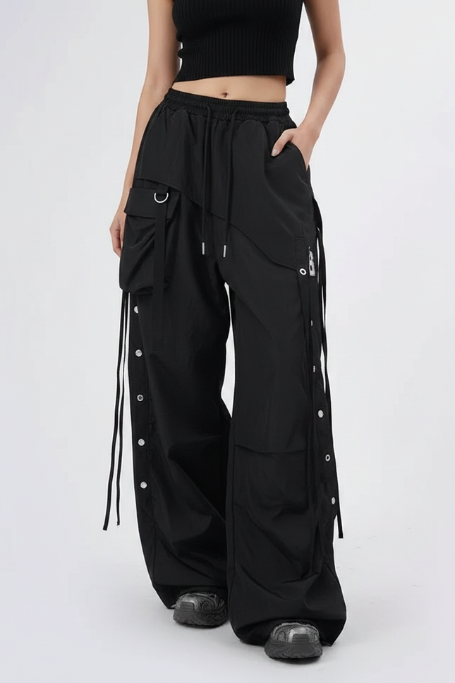 Pantalon Parachute Noir Cargo Ample Femme Rubans - Polyester