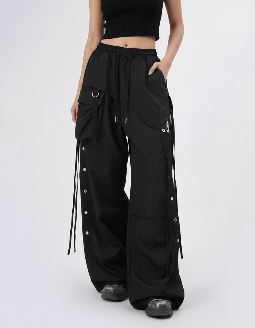 Pantalon Parachute Noir Cargo Ample Femme Rubans - Polyester