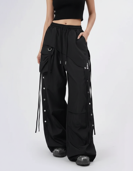 Pantalon Parachute Noir Cargo Ample Femme Rubans - Polyester