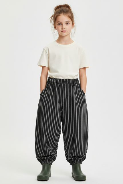 Pantalon Parachute Noir Rayé Ample Enfant Décontracté - Cordé