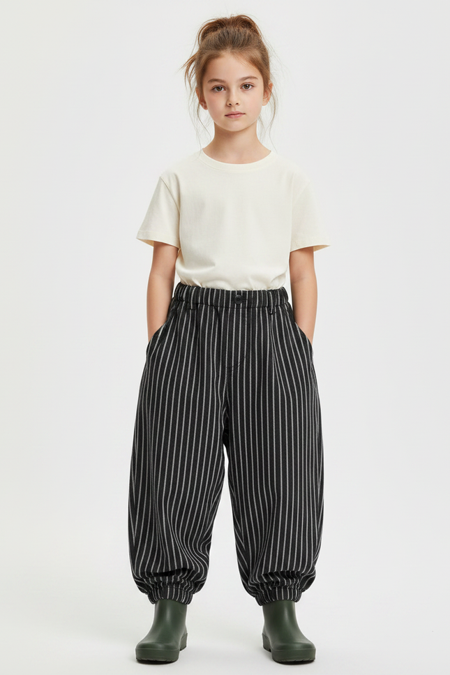 Pantalon Parachute Noir Rayé Ample Enfant Décontracté - Cordé