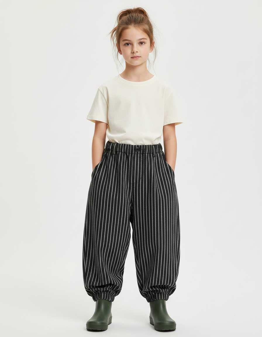 Pantalon Parachute Noir Rayé Ample Enfant Décontracté - Cordé
