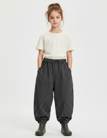 Pantalon Parachute Noir Rayé Ample Enfant Décontracté - Cordé
