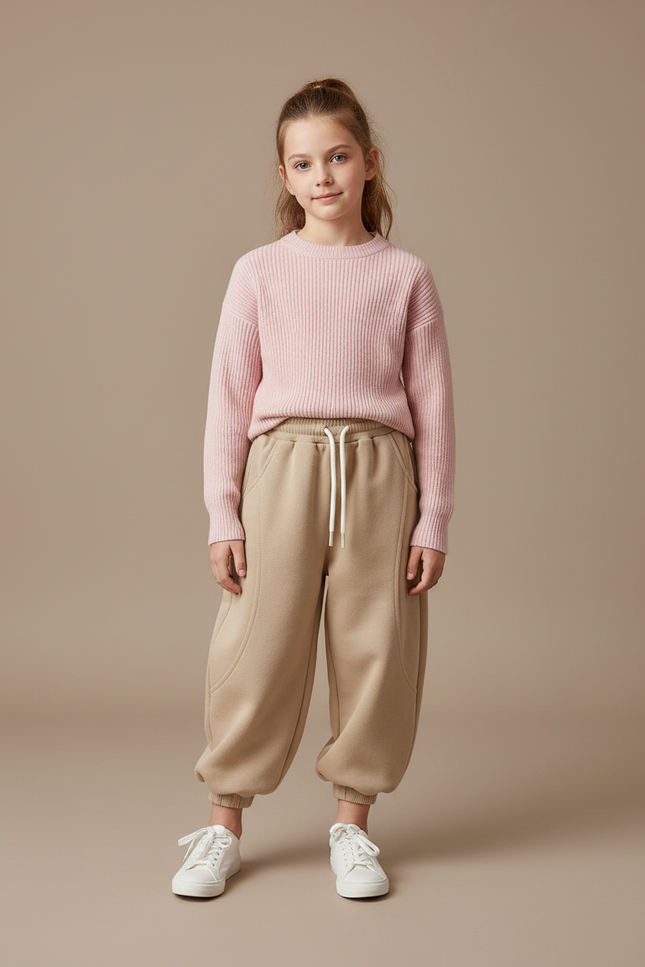 Pantalon Parachute Beige Ample Molleton Enfant Décontracté