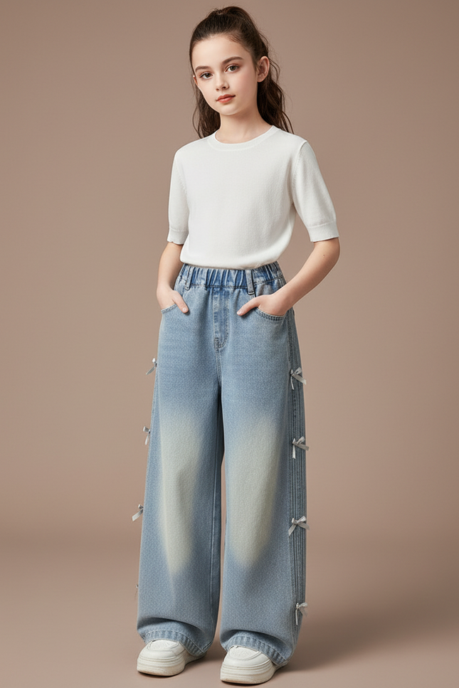 Pantalon Parachute Bleu Ample Denim Fille Nœuds Latéraux - Jean