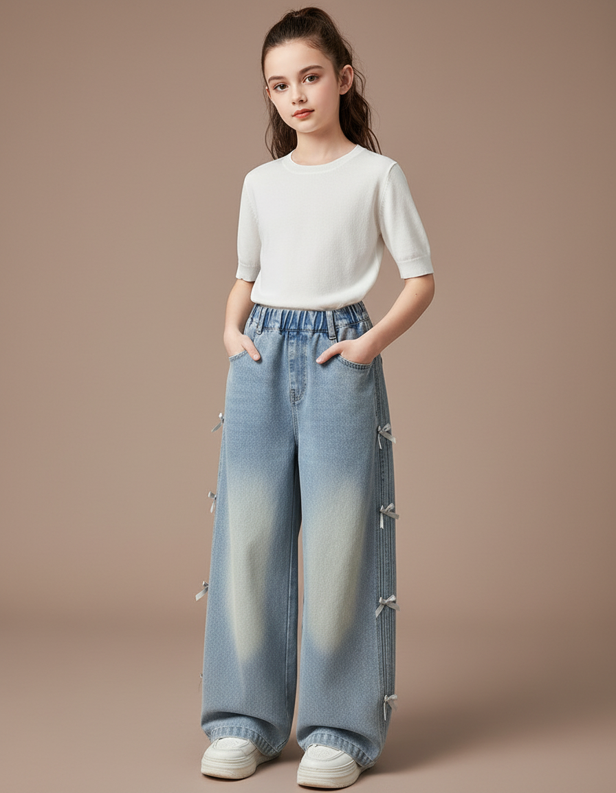 Pantalon Parachute Bleu Ample Denim Fille Nœuds Latéraux - Jean