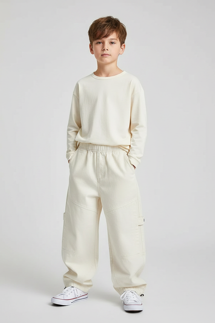Pantalon Parachute Beige Ample Coton Cargo Enfant