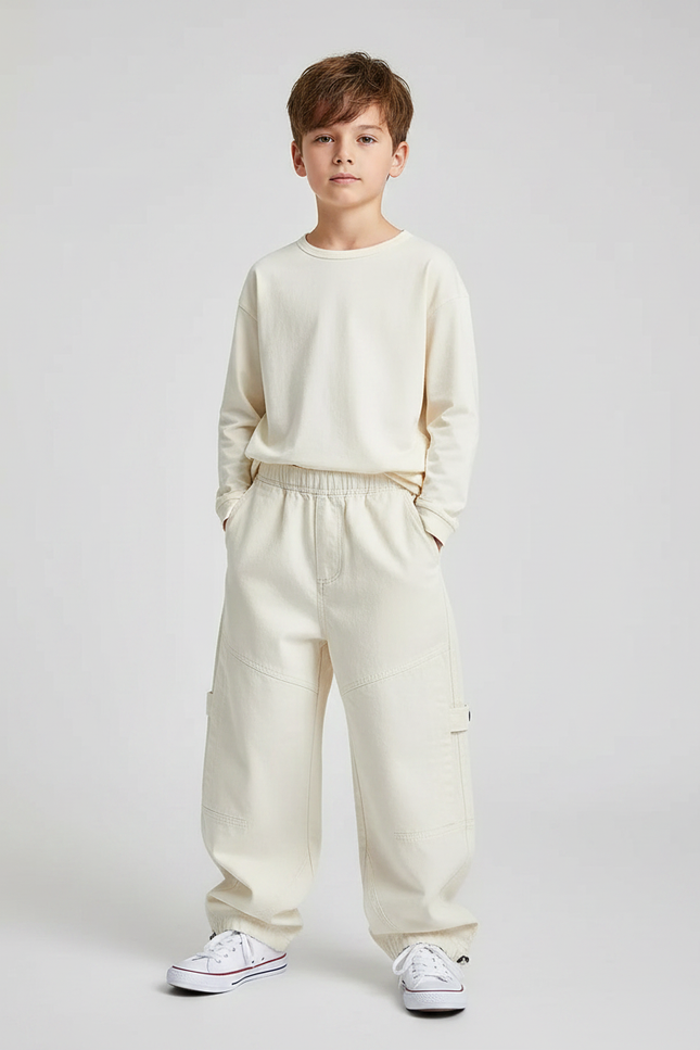 Pantalon Parachute Beige Ample Coton Cargo Enfant