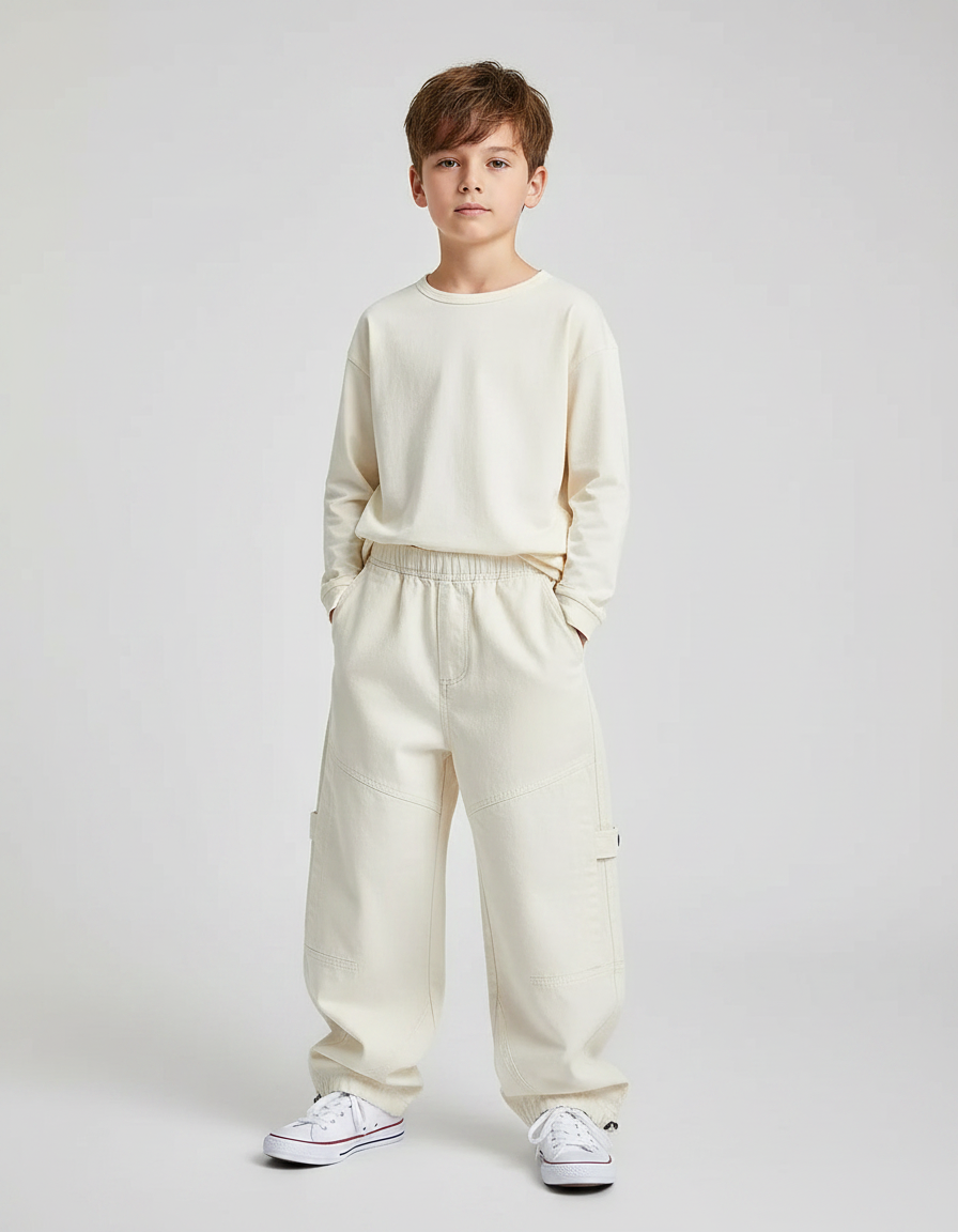 Pantalon Parachute Beige Ample Coton Cargo Enfant