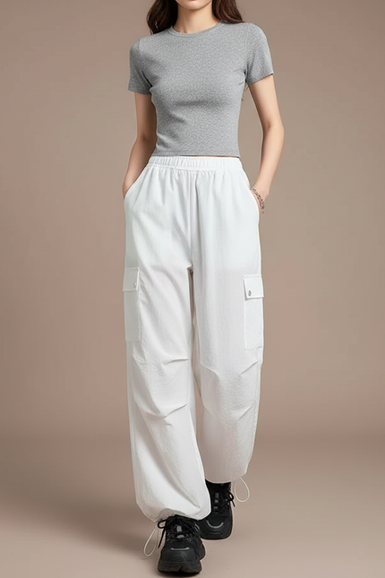 Pantalon Parachute Blanc Ample Cargo Cordon Décontracté - Polyester