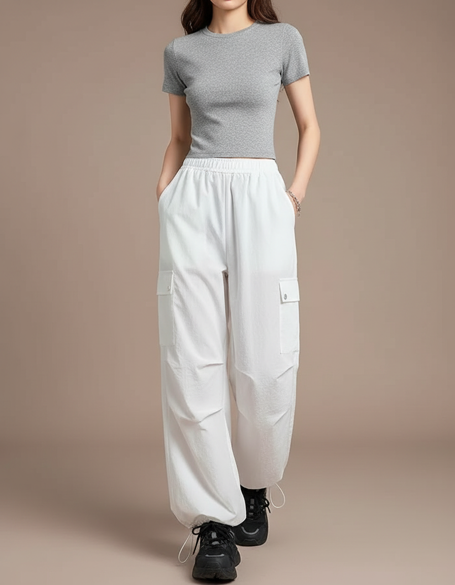 Pantalon Parachute Blanc Ample Cargo Cordon Décontracté - Polyester