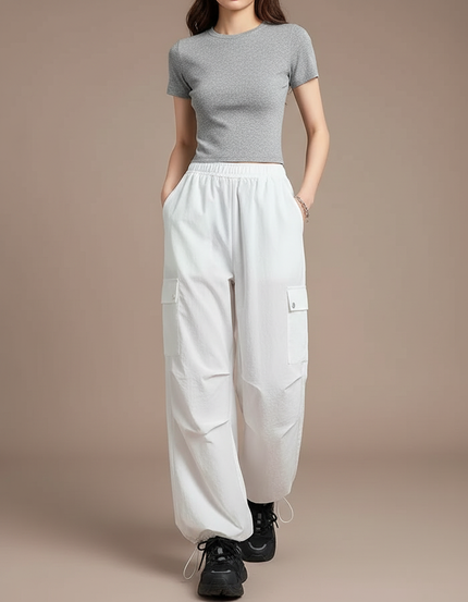 Pantalon Parachute Blanc Ample Cargo Cordon Décontracté - Polyester