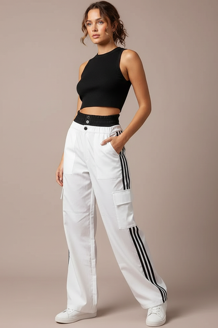 Pantalon Parachute Blanc Cargo Bandes Latérales Ample Femme - Coton