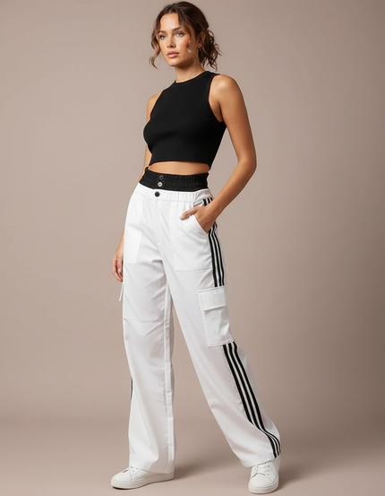 Pantalon Parachute Blanc Cargo Bandes Latérales Ample Femme - Coton