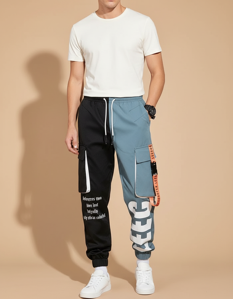 Pantalon Parachute Bicolore Cargo Streetwear Homme - Multicolore Polyester