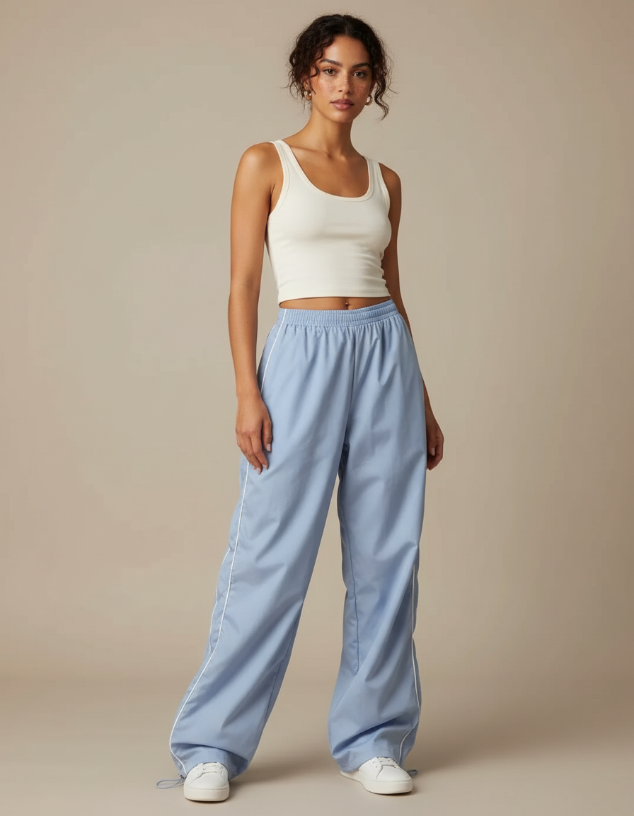 Pantalon Parachute Bleu Ciel Ample Fluide Décontracté - Polyester