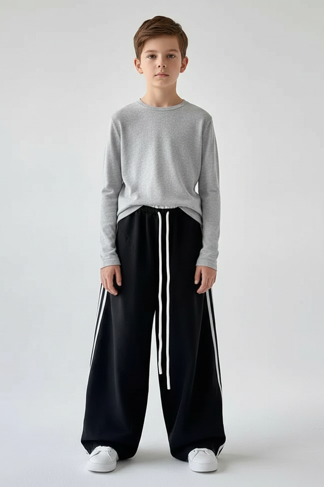 Pantalon Parachute Noir Ample Rayures Blanches Enfant - Molleton