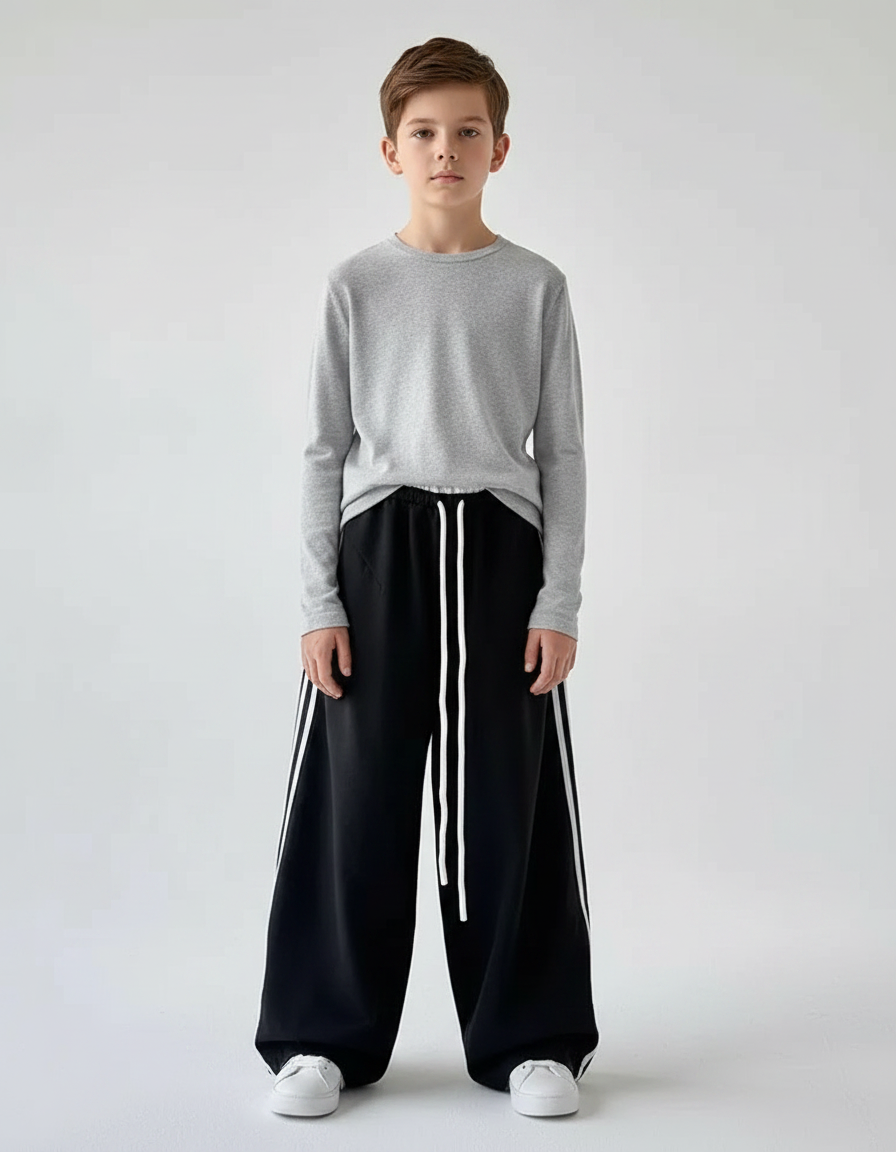 Pantalon Parachute Noir Ample Rayures Blanches Enfant - Molleton