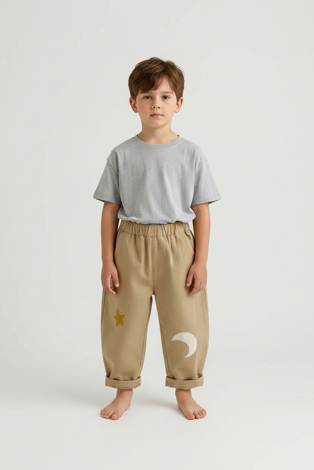 Pantalon Parachute Beige Coton Ample Brodé Étoile Lune