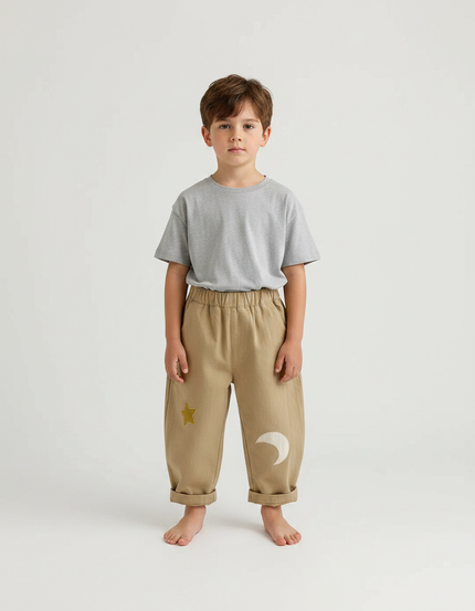 Pantalon Parachute Beige Coton Ample Brodé Étoile Lune