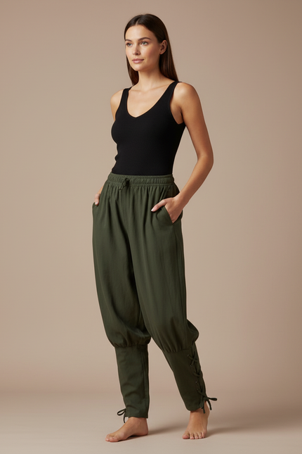 Pantalon Parachute Kaki Ample Cordon Lacets Femme Coton