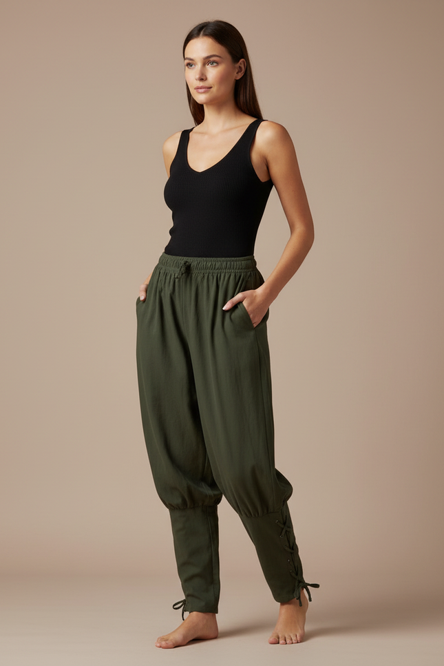 Pantalon Parachute Kaki Ample Cordon Lacets Femme Coton