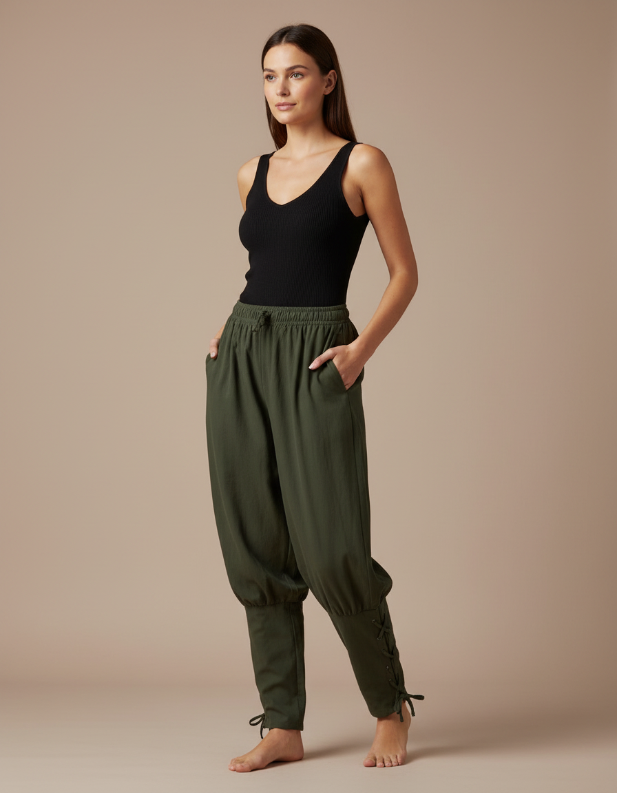 Pantalon Parachute Kaki Ample Cordon Lacets Femme Coton