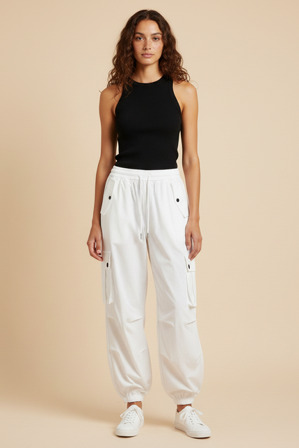 Pantalon Parachute Blanc Cargo Ample Femme Moderne - Polyester