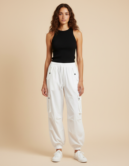 Pantalon Parachute Blanc Cargo Ample Femme Moderne - Polyester
