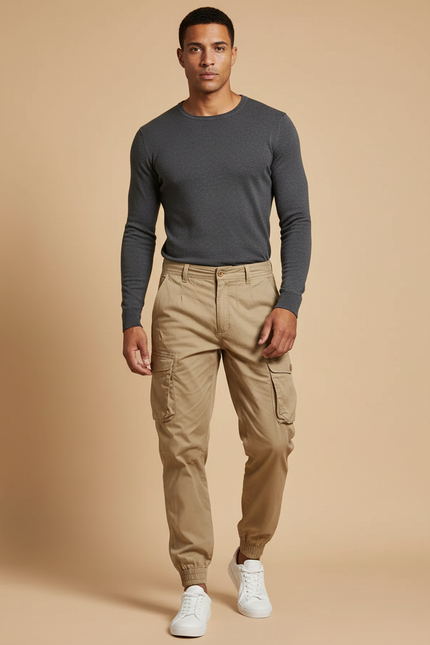 Pantalon Parachute Beige Cargo Coton Décontracté Homme