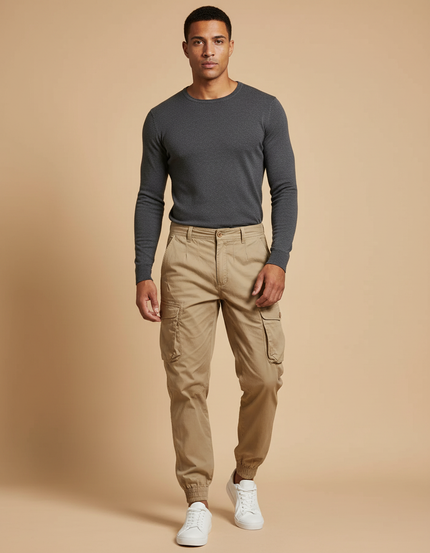 Pantalon Parachute Beige Cargo Coton Décontracté Homme