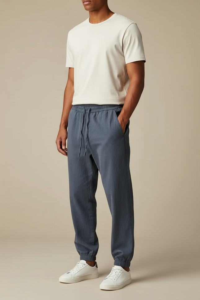 Pantalon Parachute Gris Coton Lin Ample Homme Décontracté