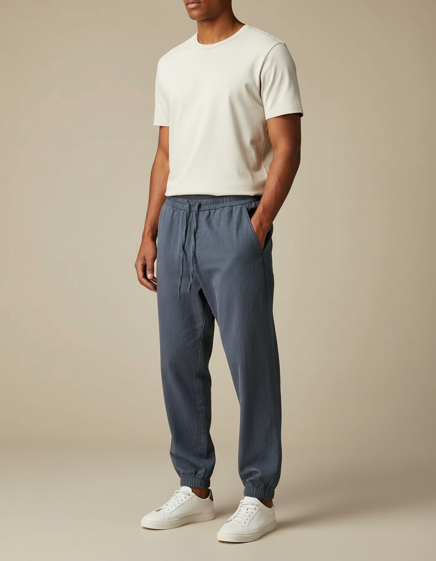 Pantalon Parachute Gris Coton Lin Ample Homme Décontracté