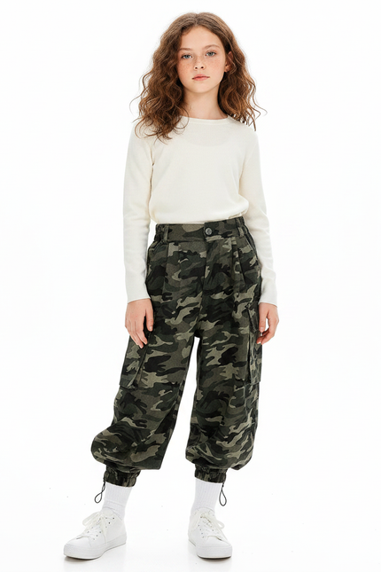 Pantalon Parachute Camouflage Cargo Ample Fille - Imprimé Gabardine