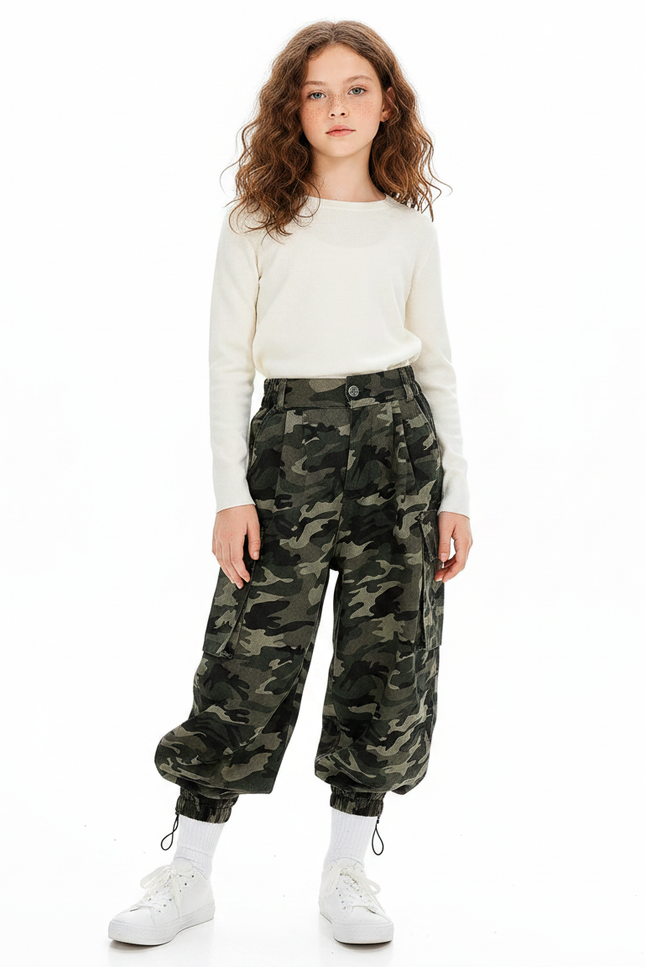 Pantalon Parachute Camouflage Cargo Ample Fille - Imprimé Gabardine