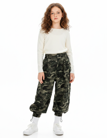Pantalon Parachute Camouflage Cargo Ample Fille - Imprimé Gabardine
