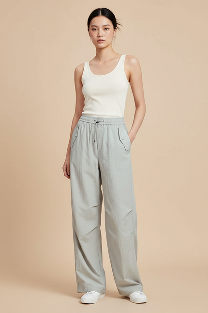 Pantalon Parachute Gris Ample Décontracté Léger Femme - Vert Polyester