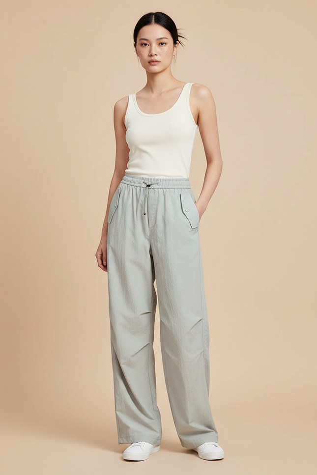 Pantalon Parachute Gris Ample Décontracté Léger Femme - Vert Polyester