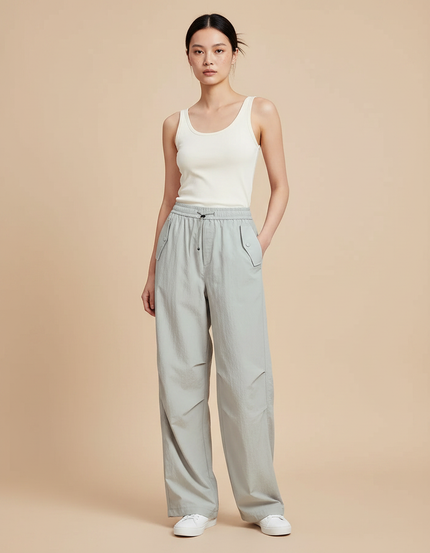 Pantalon Parachute Gris Ample Décontracté Léger Femme - Vert Polyester