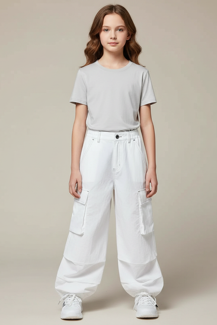 Pantalon Parachute Blanc Cargo Ample Coton Fille